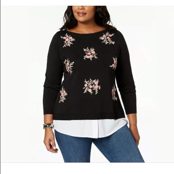 Charter Club Layered Look Sweater Long Sleeve Floral Size M Black Fall Winter - Picture 1 of 7